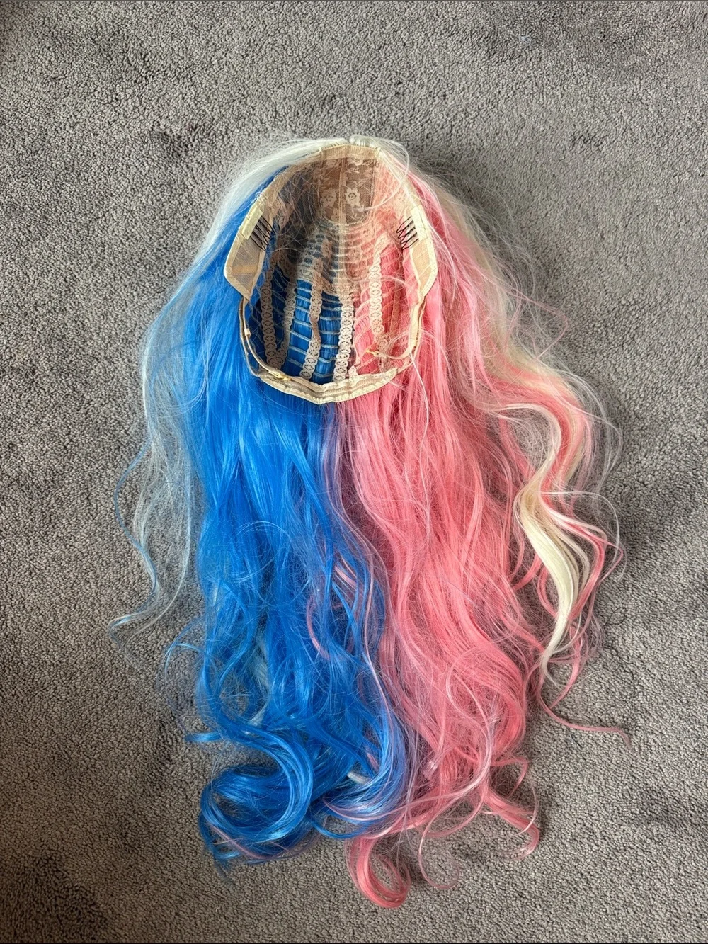 Harley Quinn Blonde Pink Blue Long Curly Cosplay Wavy 30in Synthetic Wig